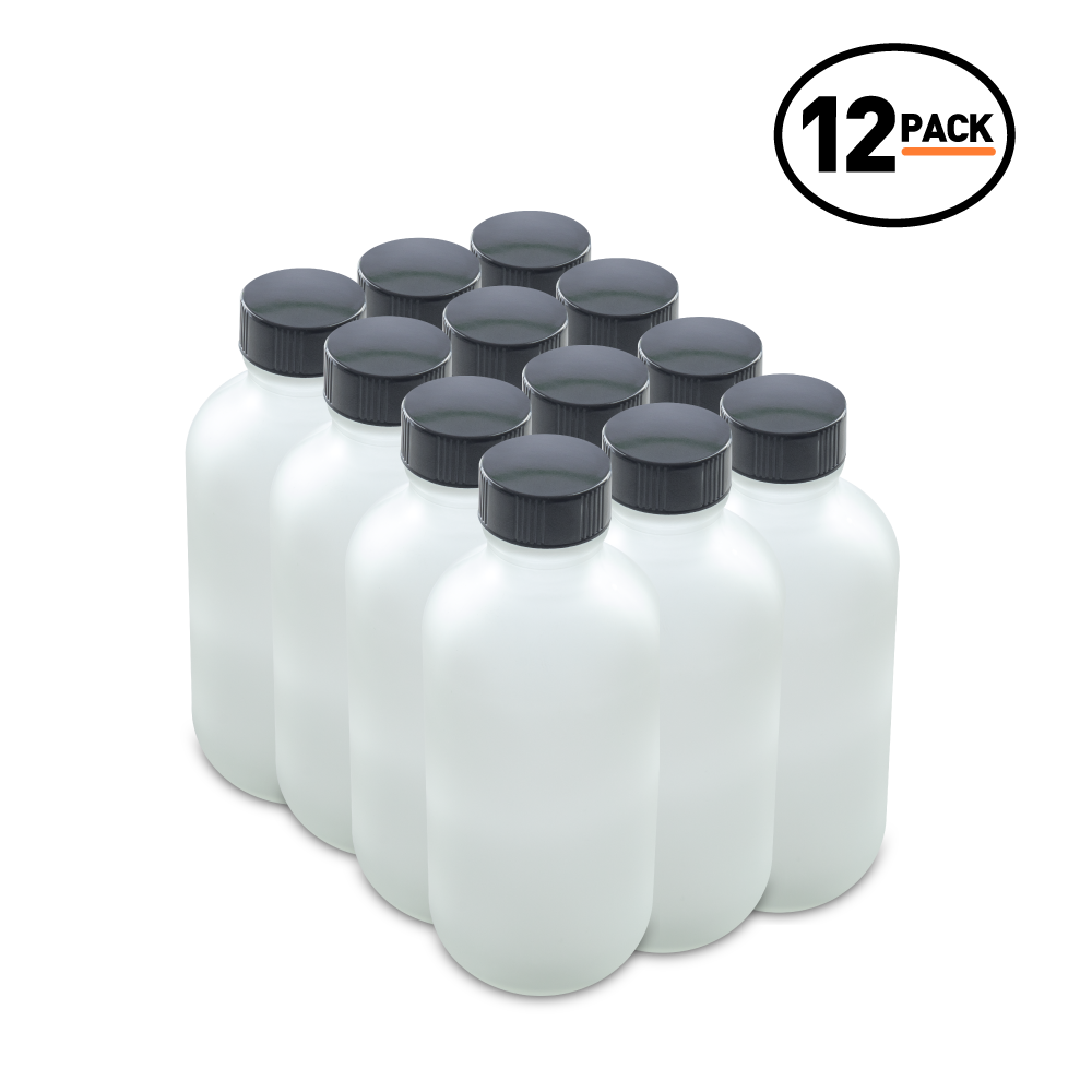 4 oz Clear Frosted Glass Boston Round Bottles With Black Lids (12 Pack)