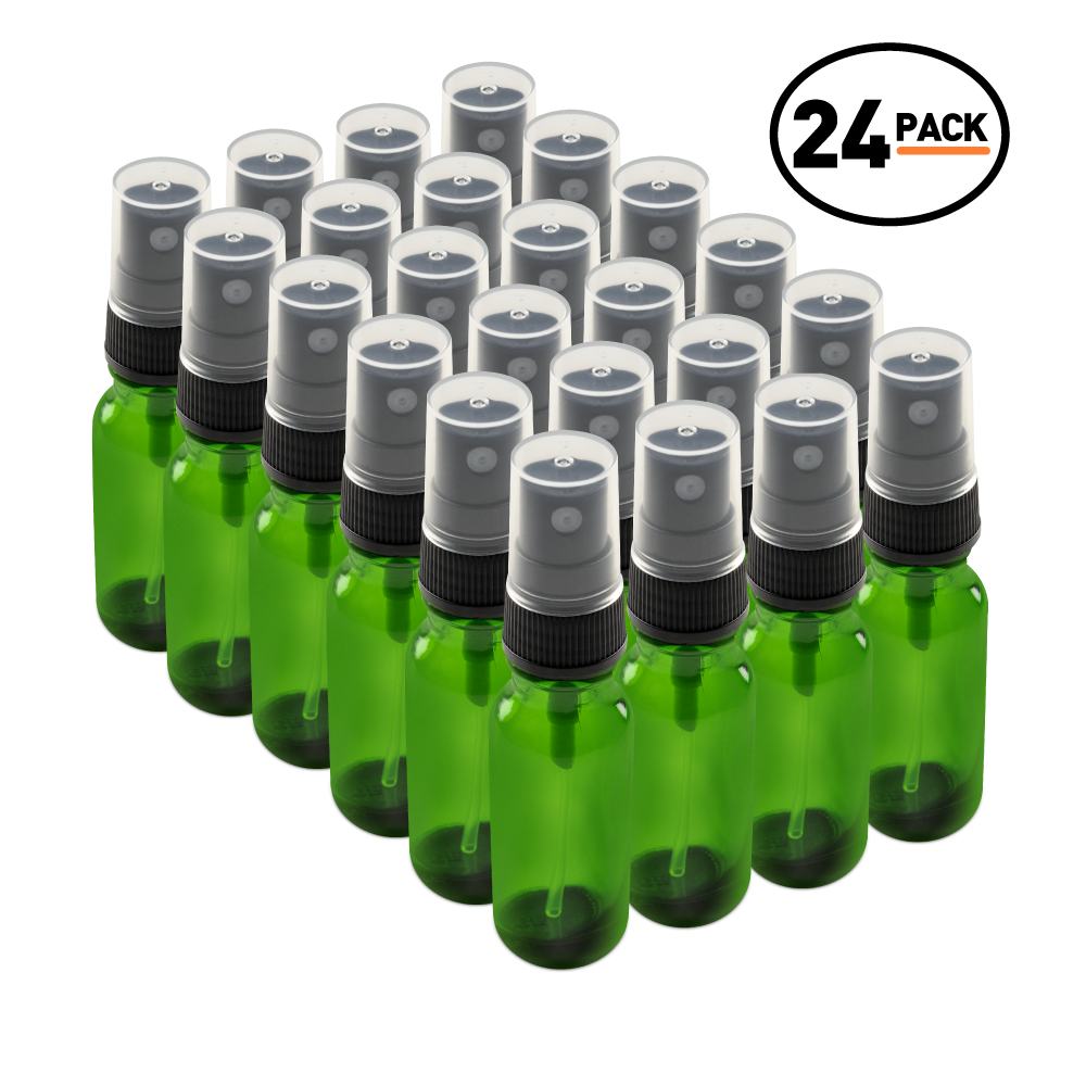 0.5 oz Green Glass Boston Round Bottles With Black Fine Mist Sprayers (24/72 Pack)