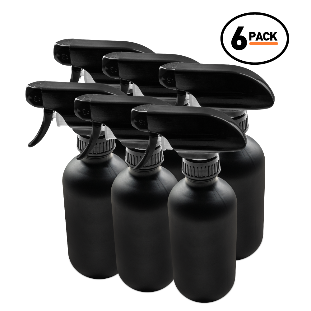 8 oz Black Frosted Glass Boston Round Bottle With Black Trigger Sprayer (6 Pack)