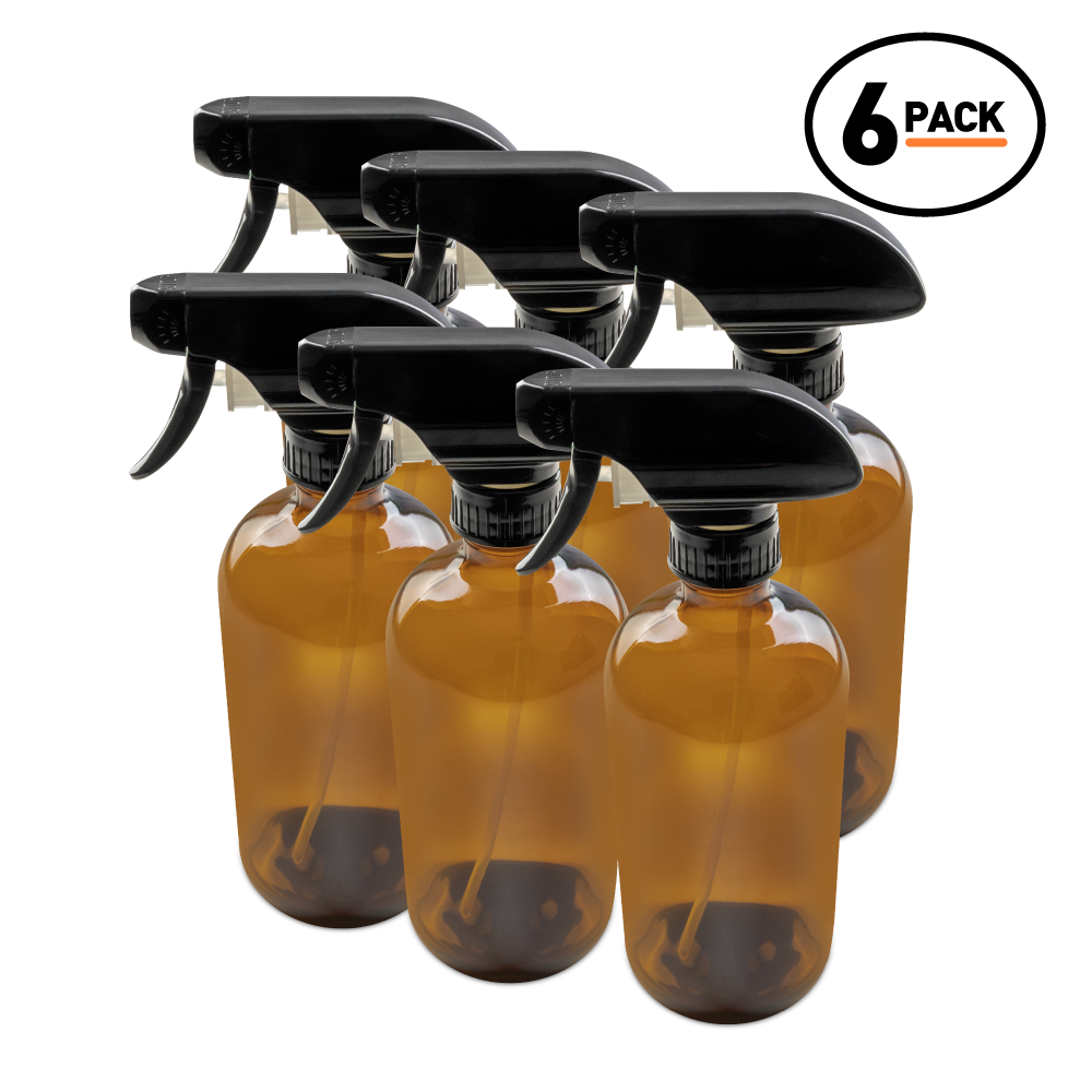 16 oz Amber Glass Boston Round Bottle With Black Trigger Sprayer (6 Pack)