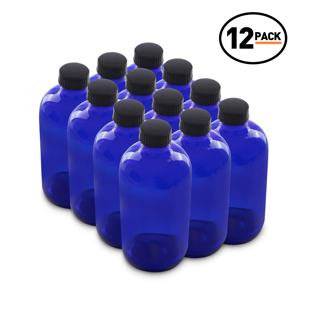 16 oz Blue Glass Boston Round Bottles With Black Lids (12 Pack)