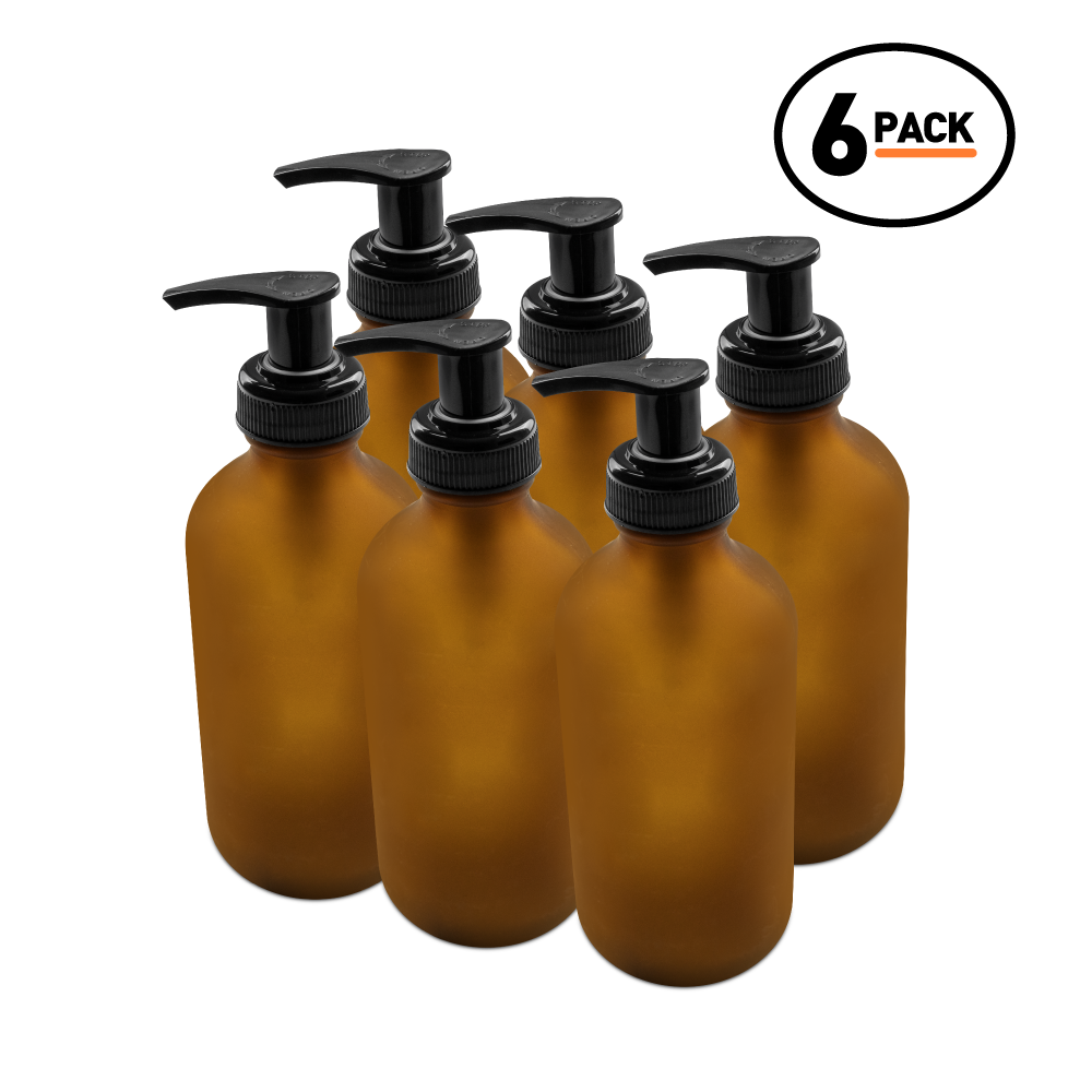 8 oz Amber Frosted Glass Boston Round Bottle With Black Lotion Pump (6 Pack)