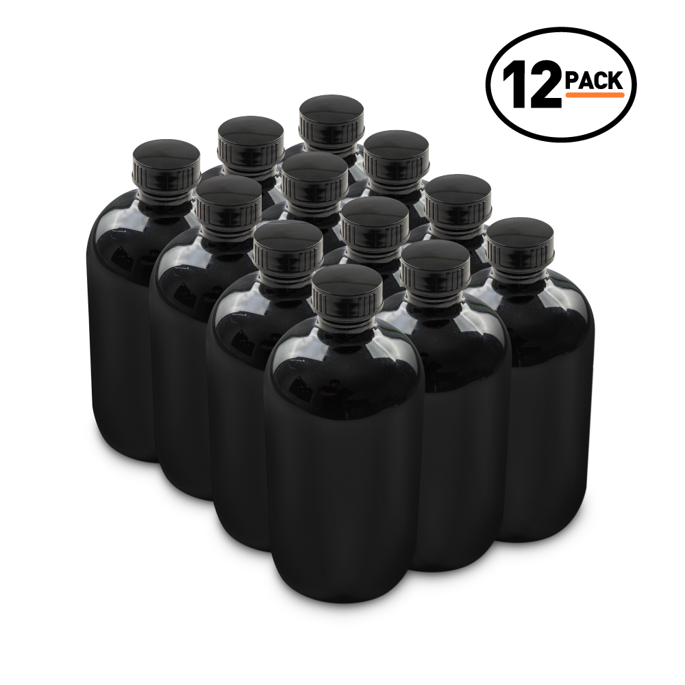 16 oz Black UV Glass Boston Round Bottles With Black Lids (12 Pack)