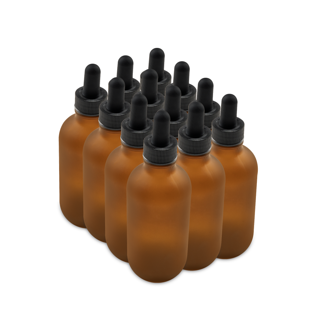 4 oz Amber Frosted Glass Boston Round Bottle With Black Dropper (12 Pack)