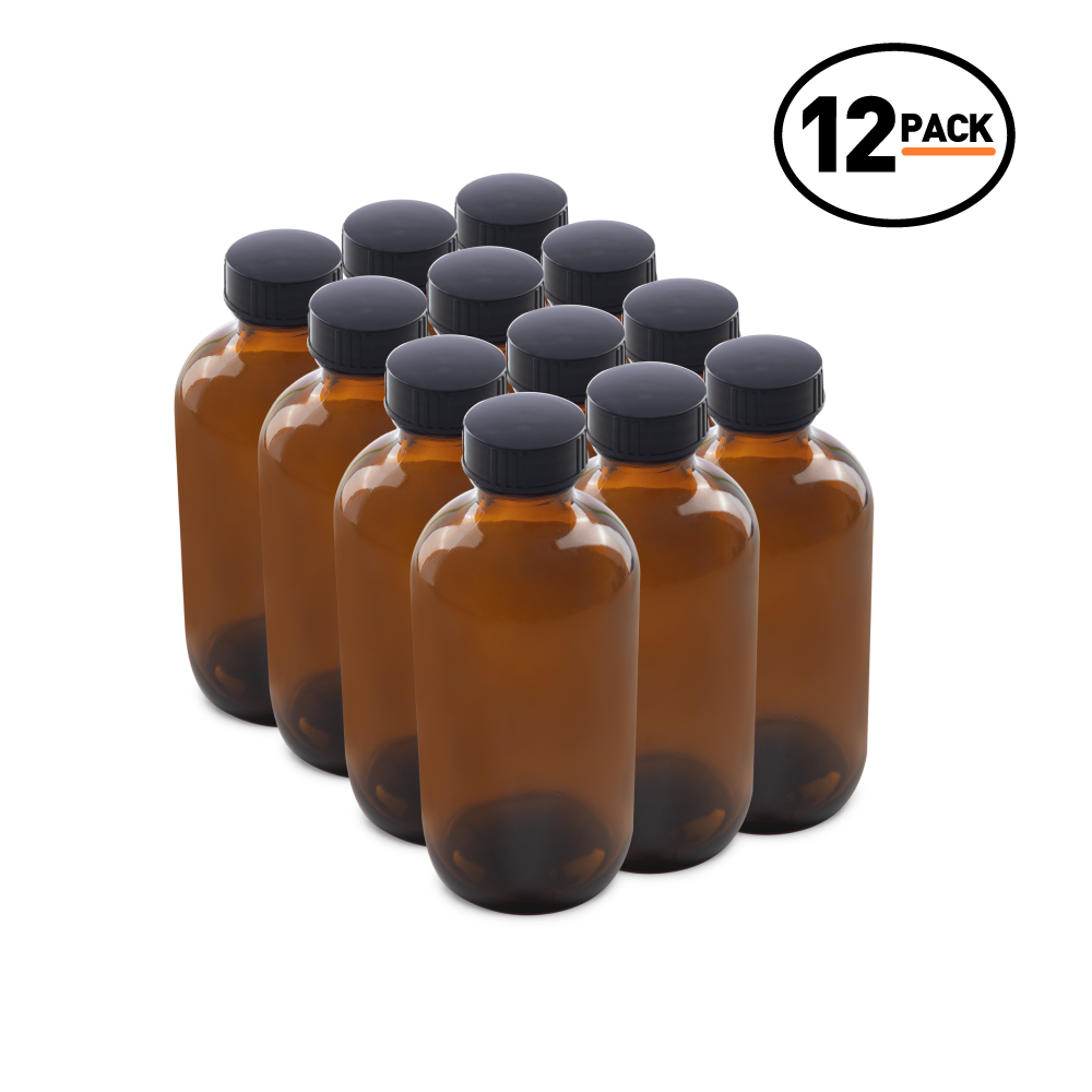 8 oz Amber Glass Boston Round Bottles With Black Lids (12 Pack)