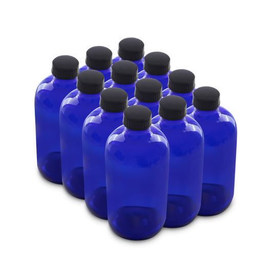 16 oz Blue Glass Boston Round Bottles With Black Lids 