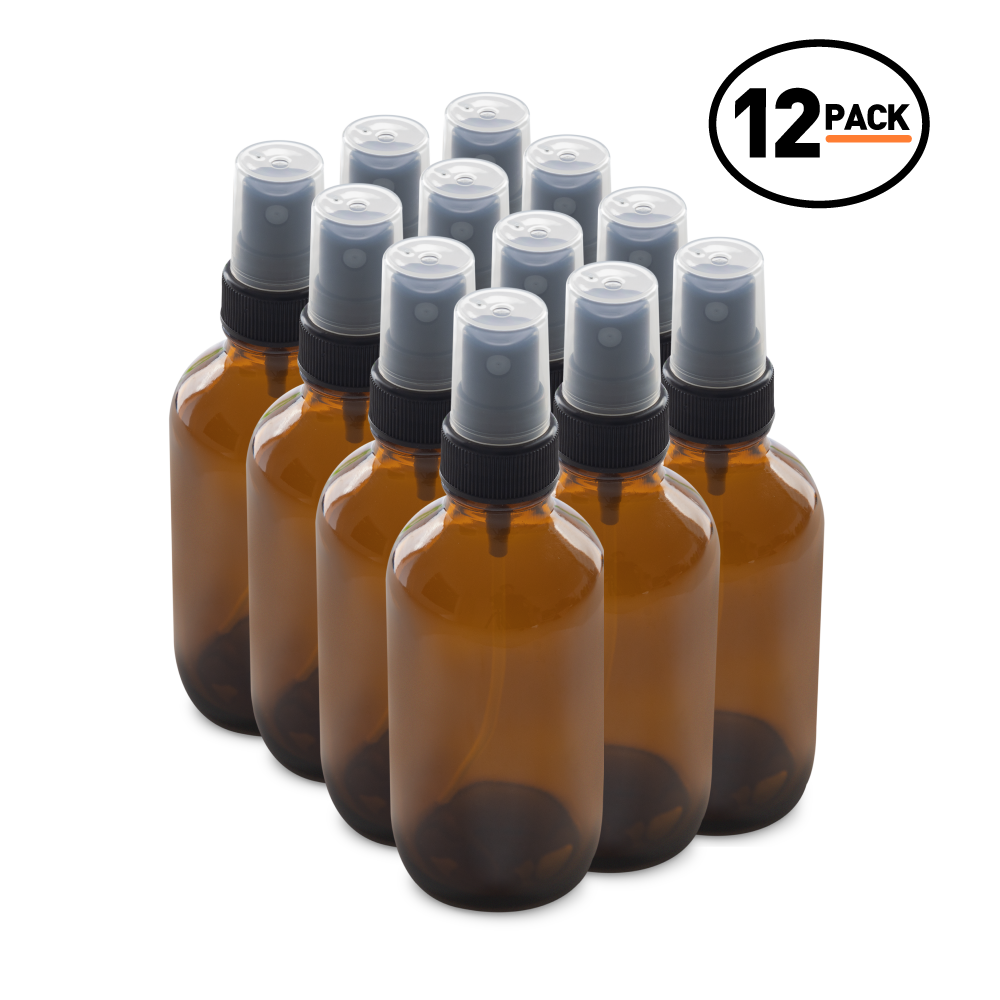 4 oz Amber Glass Boston Round Bottles With Black Fine Mist Sprayers (12 Pack)