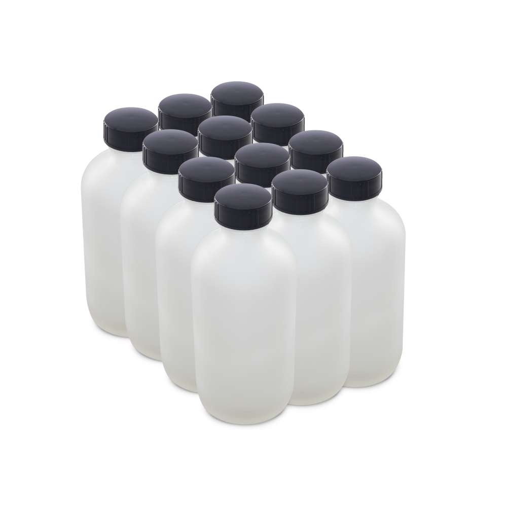8 oz Clear Frosted Glass Boston Round Bottles With Black Lids (12 Pack)