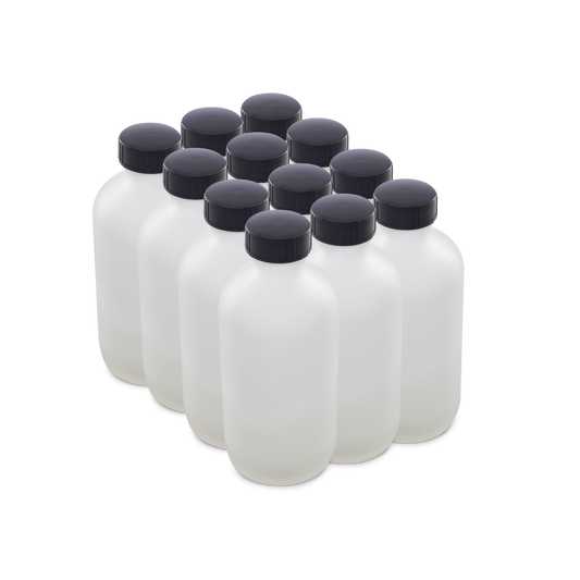 8 oz Clear Frosted Glass Boston Round Bottles With Black Lids 