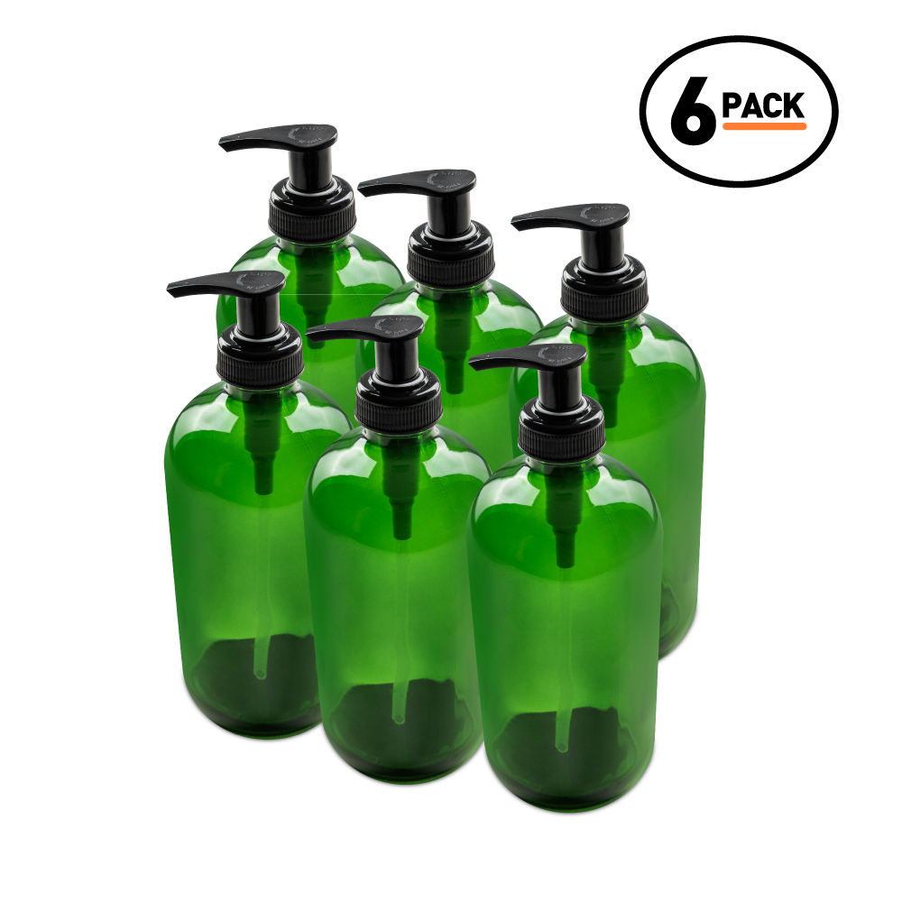 16 oz Green Glass Boston Round Bottle With Black Lotion Pump (6 Pack)