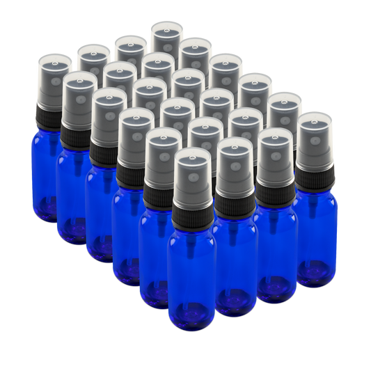 0.5 oz Blue Glass Boston Round Bottles With Black Fine Mist Sprayers (24/72 Pack)