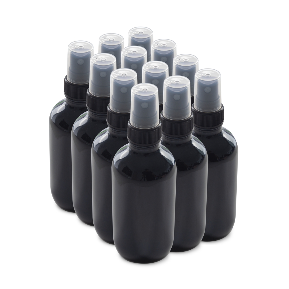 4 oz Black UV Glass Boston Round Bottles With Black Fine Mist Sprayers (12 Pack)