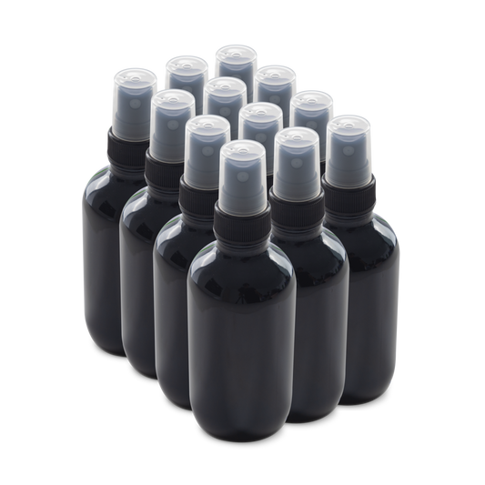 4 oz Black UV Glass Boston Round Bottles With Black Fine Mist Sprayers 