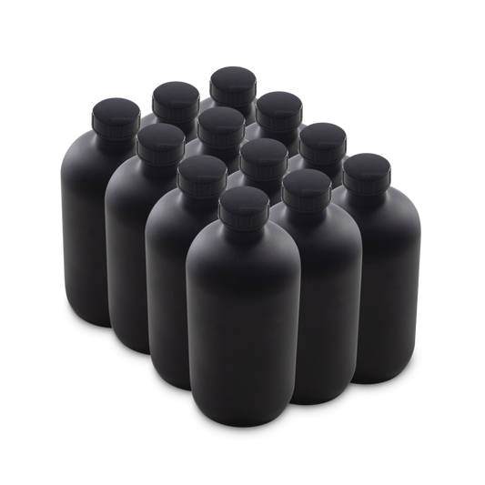 16 oz Black Frosted Glass Boston Round Bottles With Black Lids 