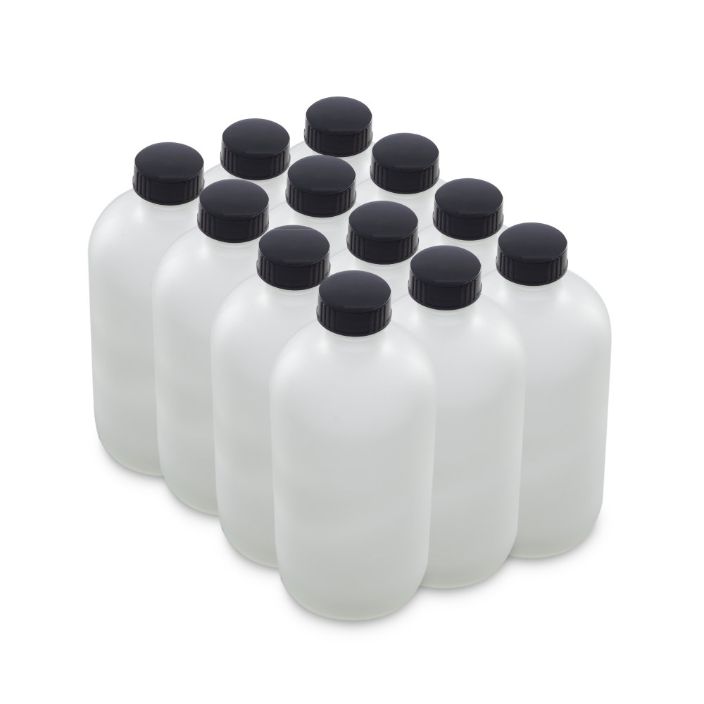 16 oz Clear Frosted Glass Boston Round Bottles With Black Lids (12 Pack)
