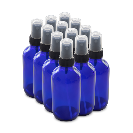 4 oz Blue Glass Boston Round Bottles With Black Fine Mist Sprayers (12 Pack)