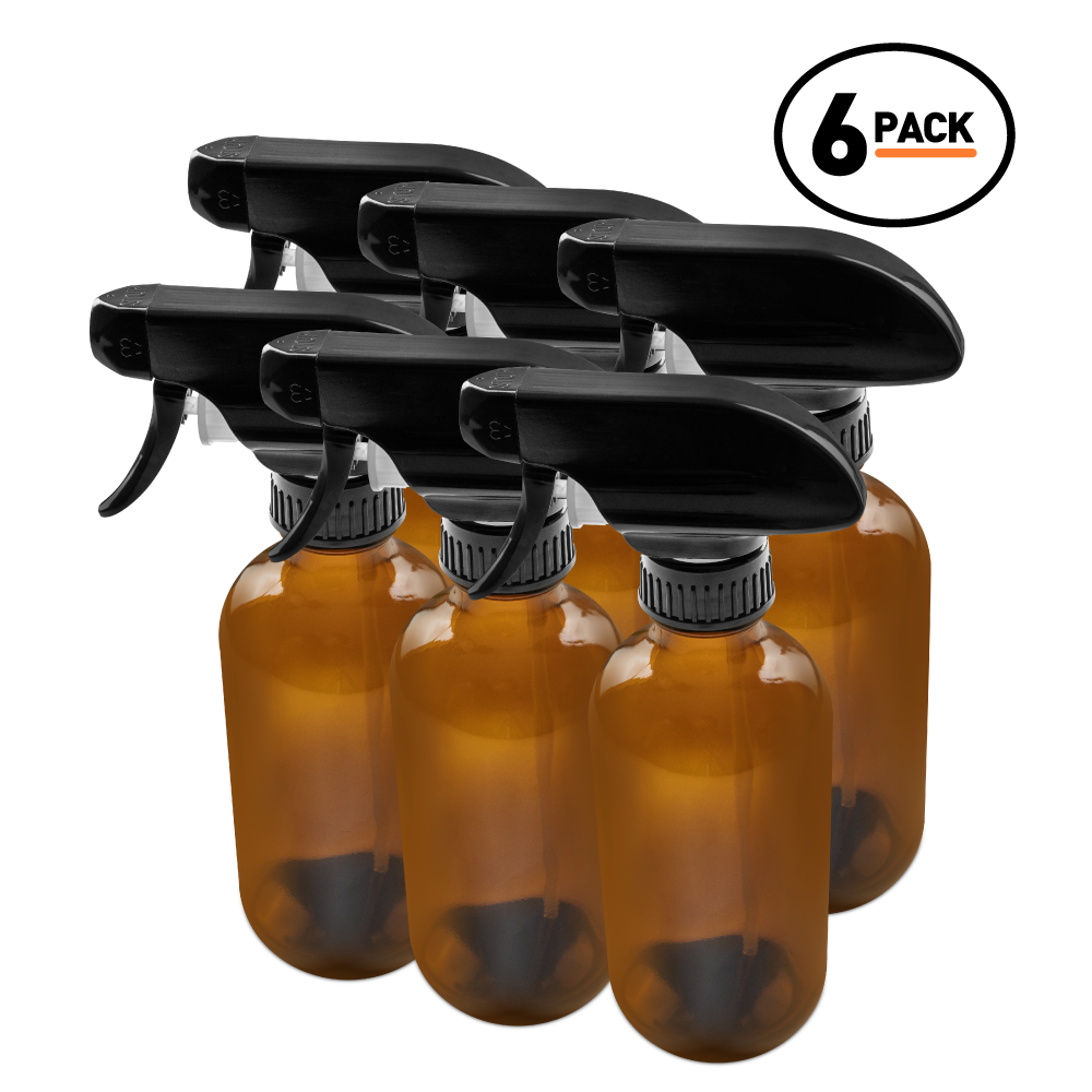 8 oz Amber Glass Boston Round Bottle With Black Trigger Sprayer (6 Pack)