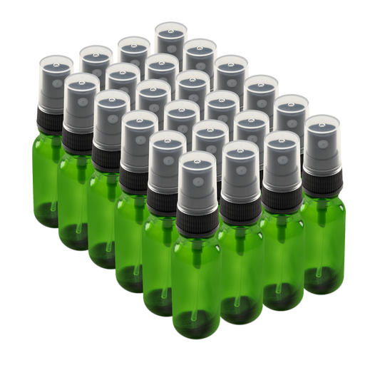 0.5 oz Green Glass Boston Round Bottles With Black Fine Mist Sprayers (24/72 Pack)