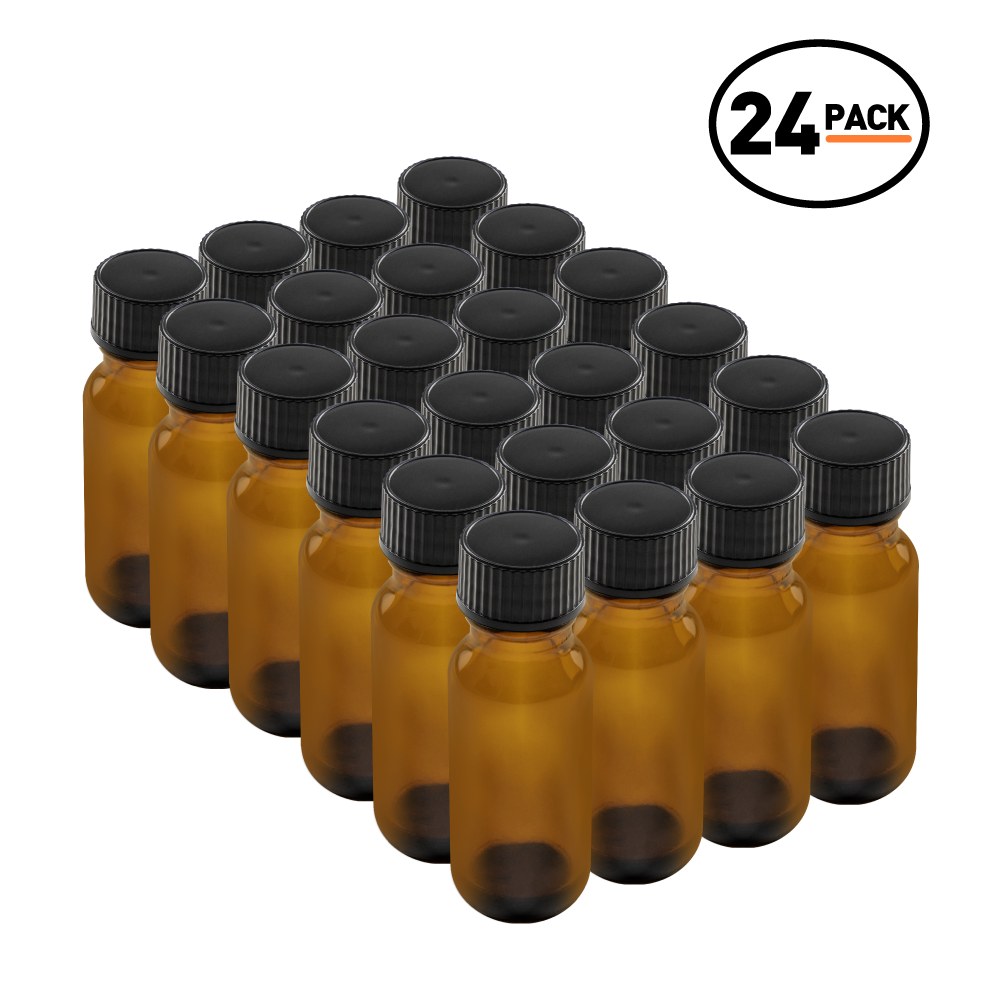 0.5 oz Amber Glass Boston Round Bottles With Black Lids (24/72 Pack)