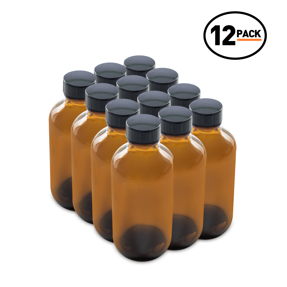 4 oz Amber Glass Boston Round Bottles With Black Lids (12 Pack)
