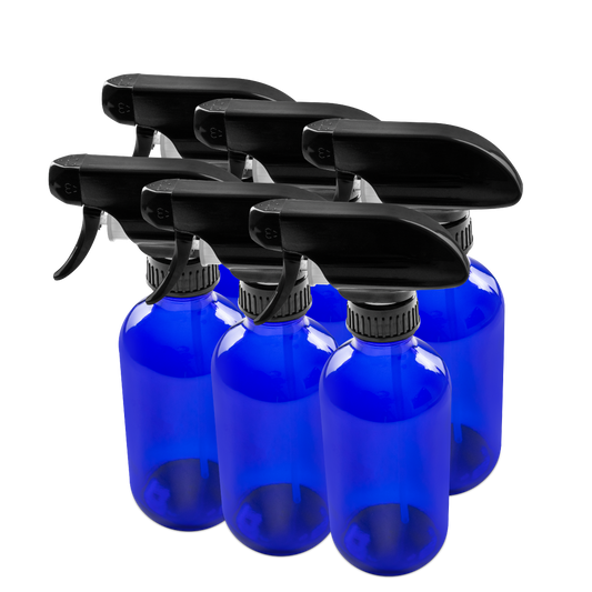 8 oz Blue Glass Boston Round Bottle With Black Trigger Sprayer (6 Pack)