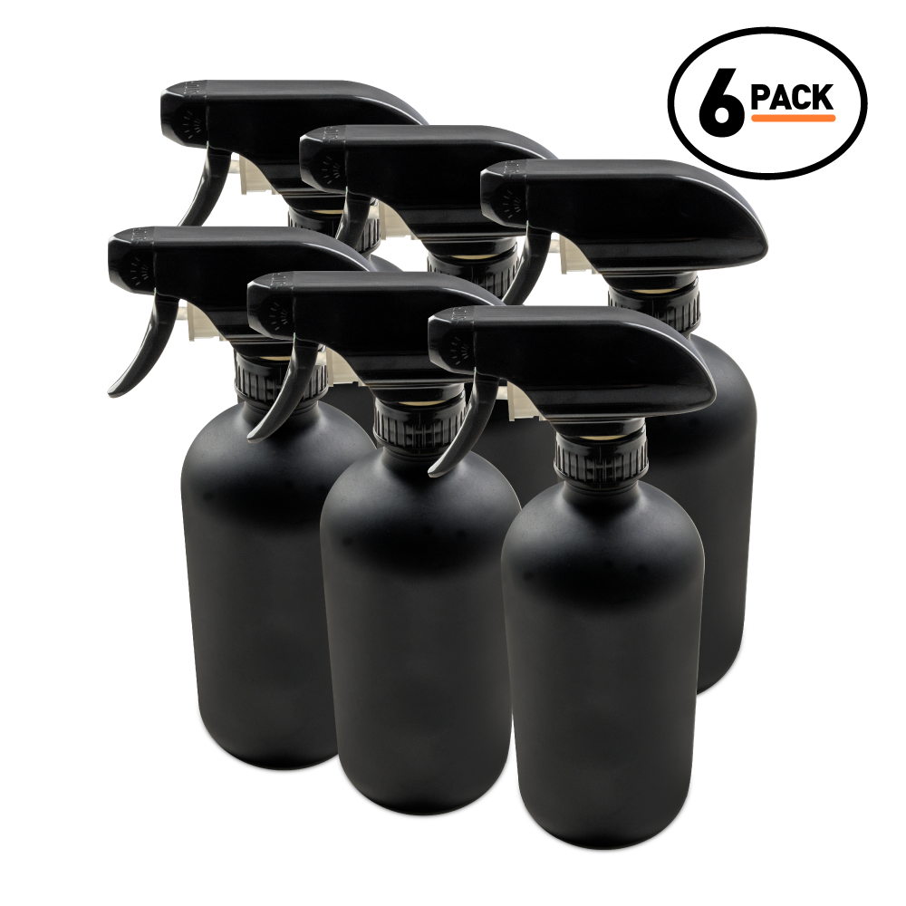 16 oz Black Frosted Glass Boston Round Bottle With Black Trigger Sprayer (6 Pack)