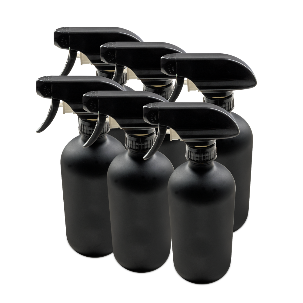 16 oz Black Frosted Glass Boston Round Bottle With Black Trigger Sprayer (6 Pack)