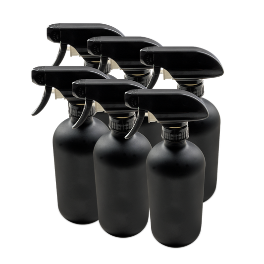 16 oz Black Frosted Glass Boston Round Bottle With Black Trigger Sprayer (6 Pack)