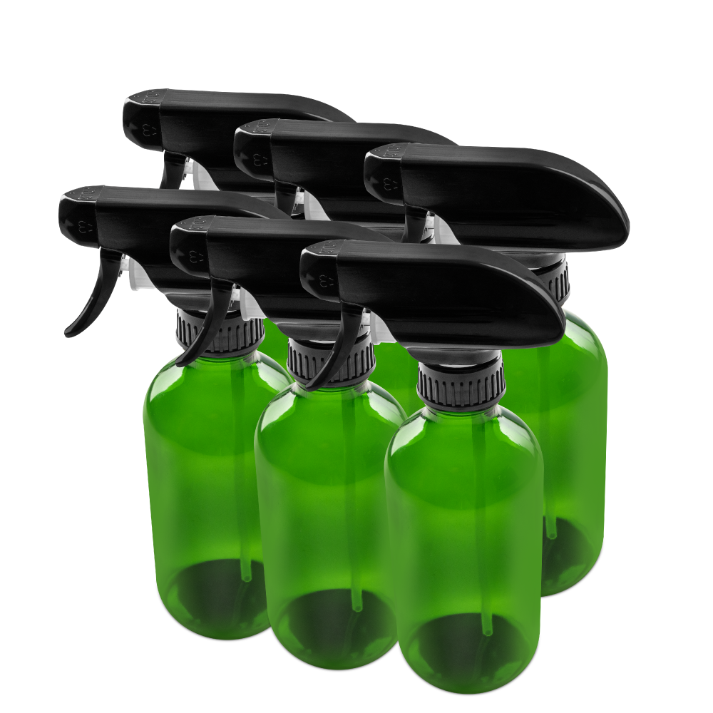 8 oz Green Glass Boston Round Bottle With Black Trigger Sprayer (6 Pack)