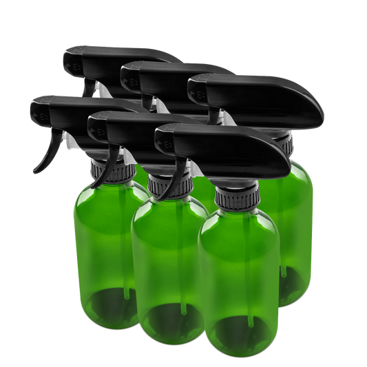 8 oz Green Glass Boston Round Bottle With Black Trigger Sprayer (6 Pack)