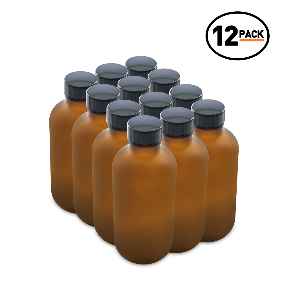 4 oz Amber Frosted Glass Boston Round Bottles With Black Lids (12 Pack)