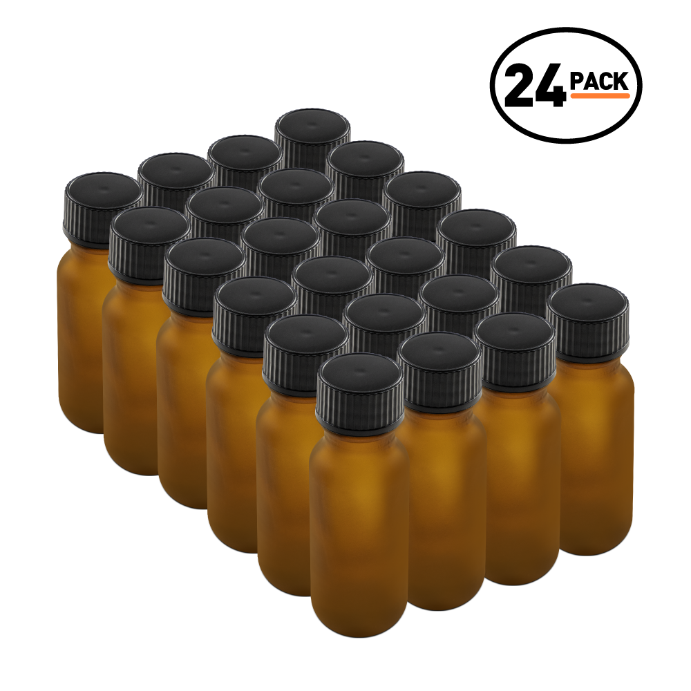 0.5 oz Amber Frosted Glass Boston Round Bottles With Black Lids (24/72 Pack)
