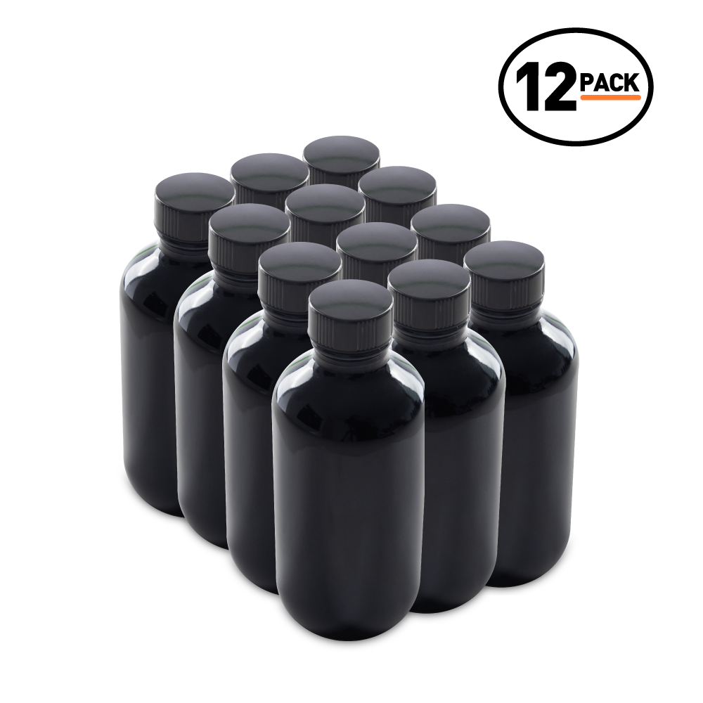 4 oz Black UV Glass Boston Round Bottles With Black Lids (12 Pack)