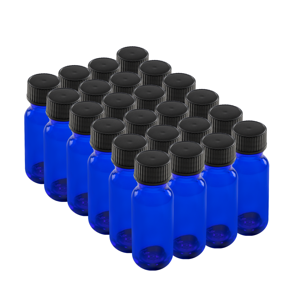 0.5 oz Blue Glass Boston Round Bottles With Black Lids (24/72 Pack)
