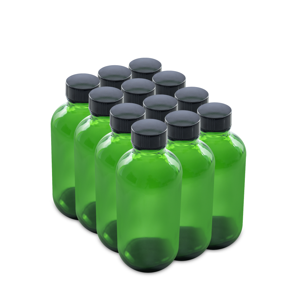 4 oz Green Glass Boston Round Bottles With Black Lids (12 Pack)