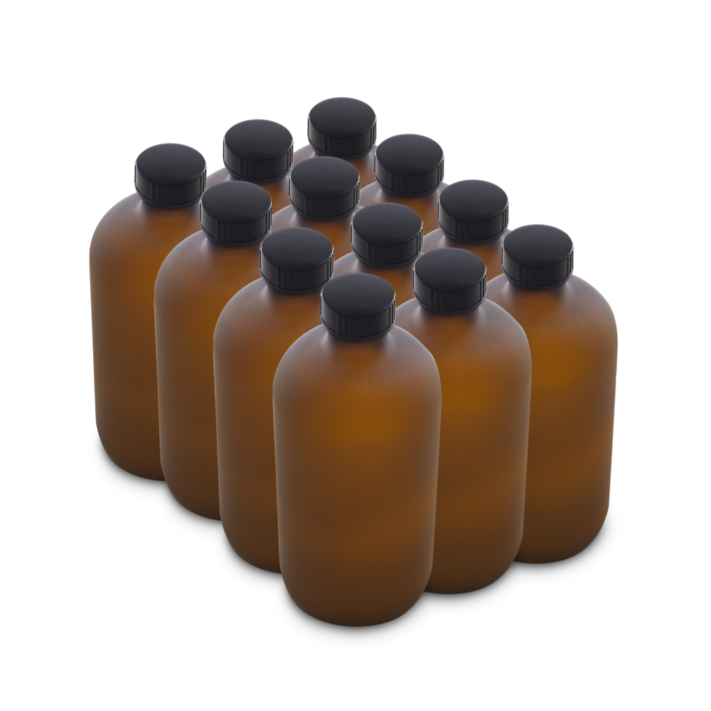 16 oz Amber Frosted Glass Boston Round Bottles With Black Lids (12 Pack)