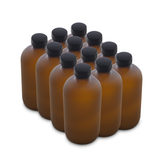 16 oz Amber Frosted Glass Boston Round Bottles With Black Lids