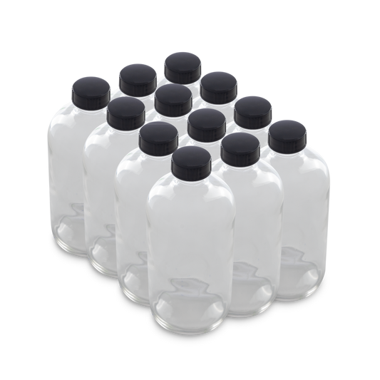 16 oz Clear Glass Boston Round Bottles With Black Lids 