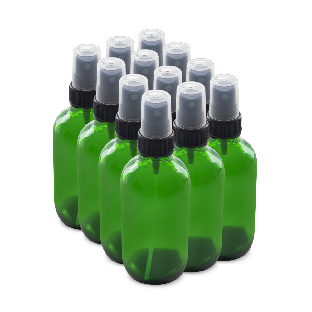 4 oz Green Glass Boston Round Bottles With Black Fine Mist Sprayers (12 Pack)