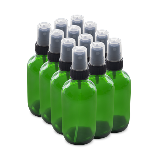 4 oz Green Glass Boston Round Bottles With Black Fine Mist Sprayers (12 Pack)