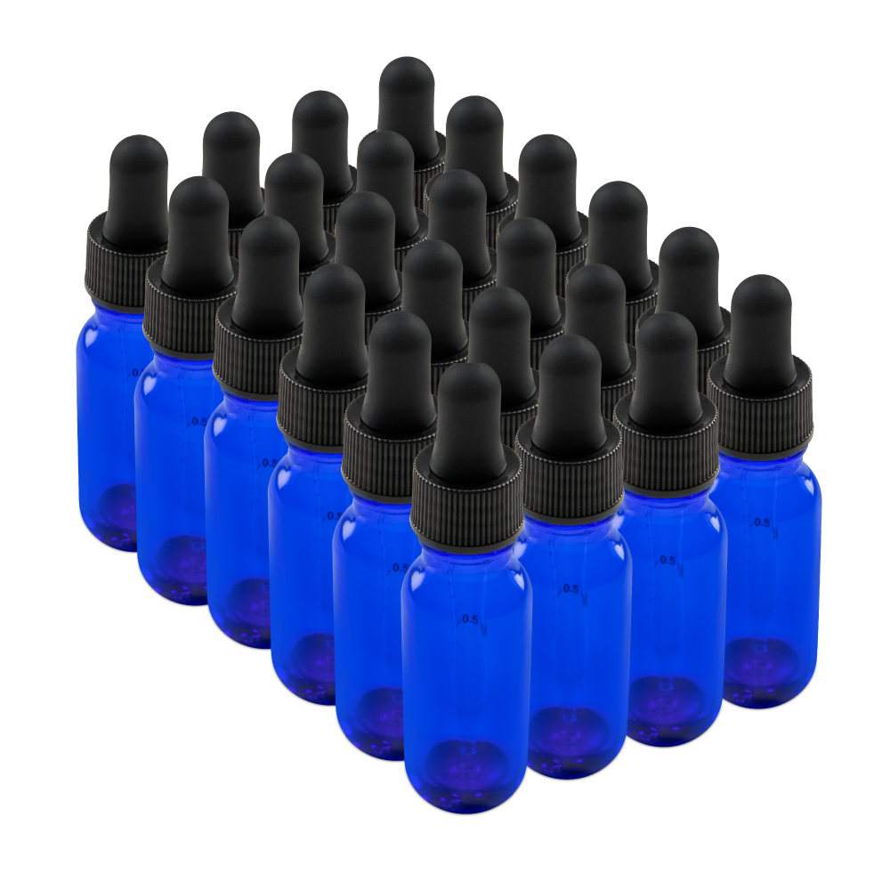 0.5 oz Blue Glass Boston Round Bottle With Black Dropper (24/72 Pack)