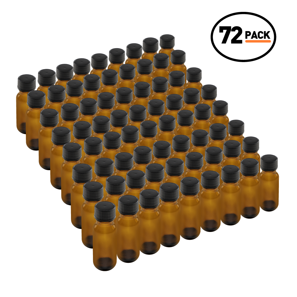 0.5 oz Amber Glass Boston Round Bottles With Black Lids (72 Pack)