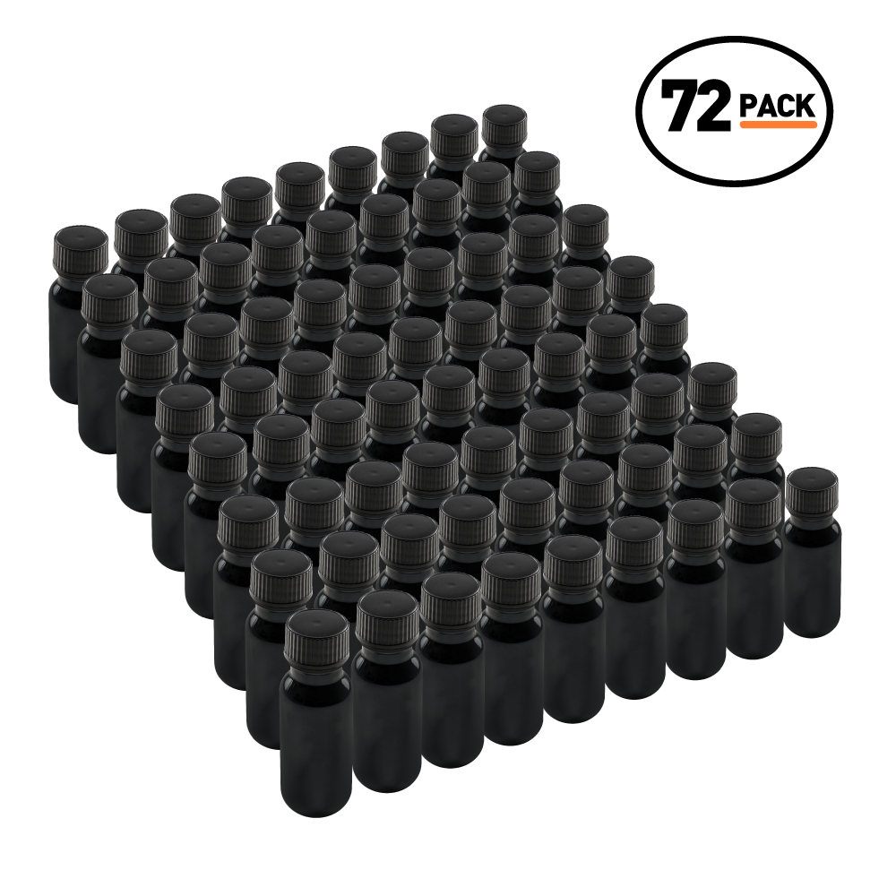 0.5 oz Black UV Glass Boston Round Bottles With Black Lids (72 Pack)