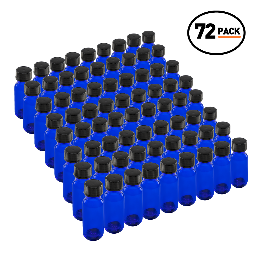 0.5 oz Blue Glass Boston Round Bottles With Black Lids (72 Pack)