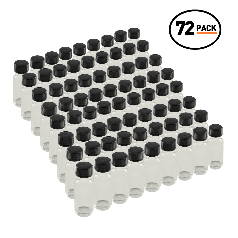 0.5 oz Clear Glass Boston Round Bottles With Black Lids (72 Pack)