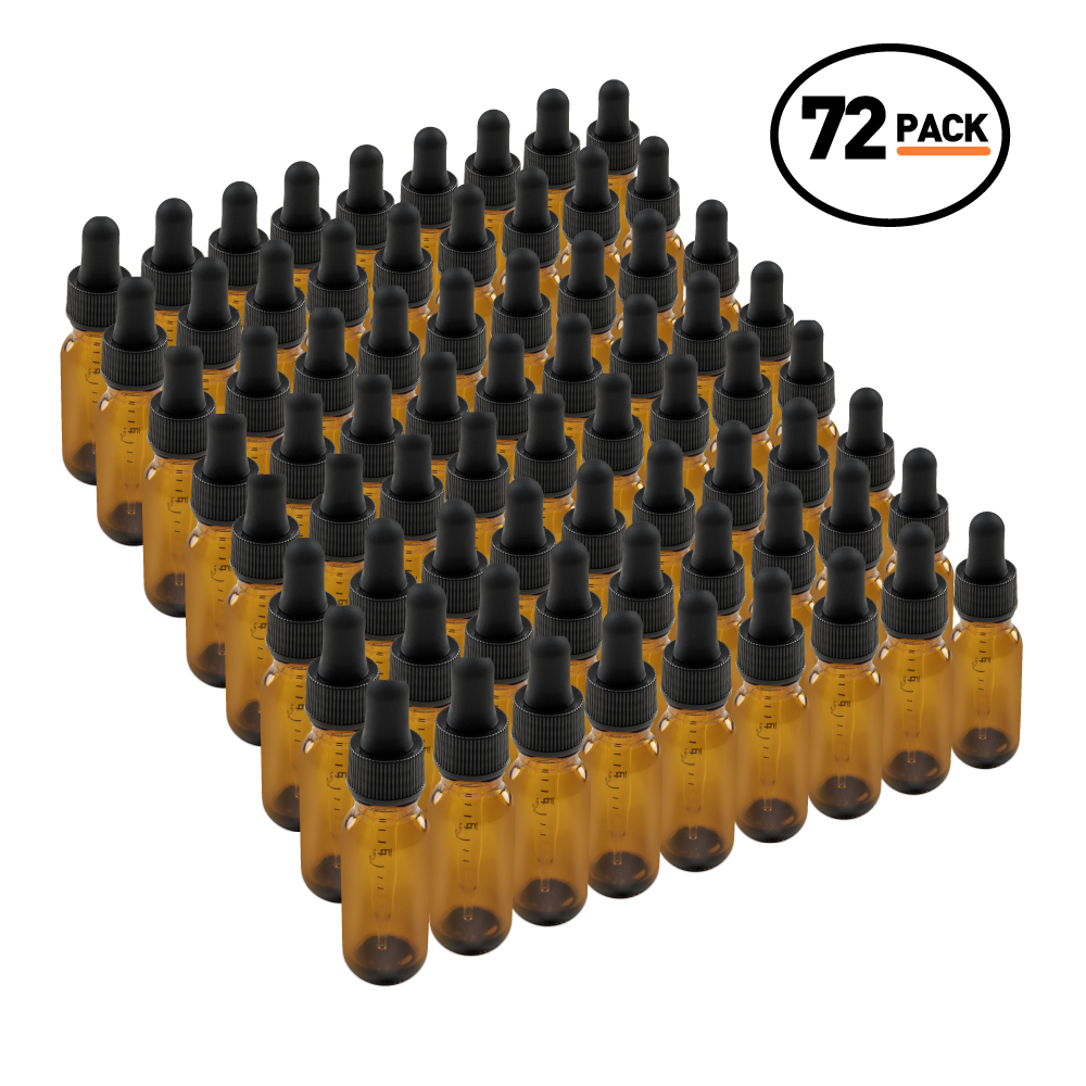 0.5 oz Amber Glass Boston Round Bottle With Black Dropper (72 Pack)