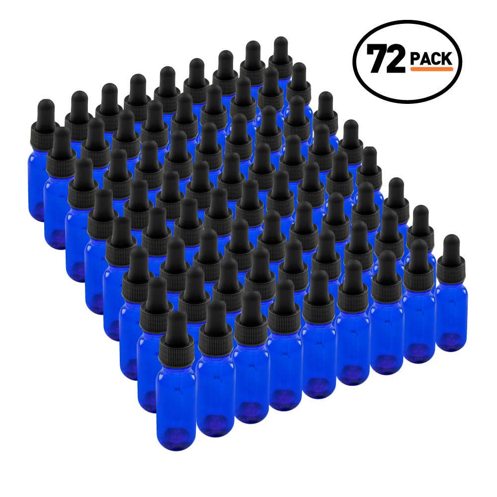 0.5 oz Blue Glass Boston Round Bottle With Black Dropper (72 Pack)