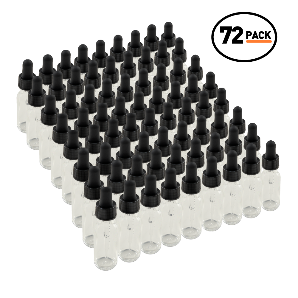 0.5 oz Clear Glass Boston Round Bottle With Black Dropper (72 Pack)