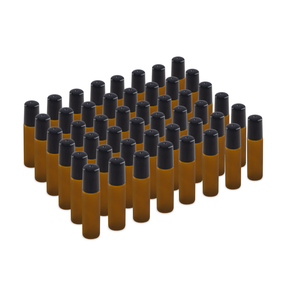 10 ml Amber Frosted Glass Roll On Bottle With SS Ball and Black PP Cap