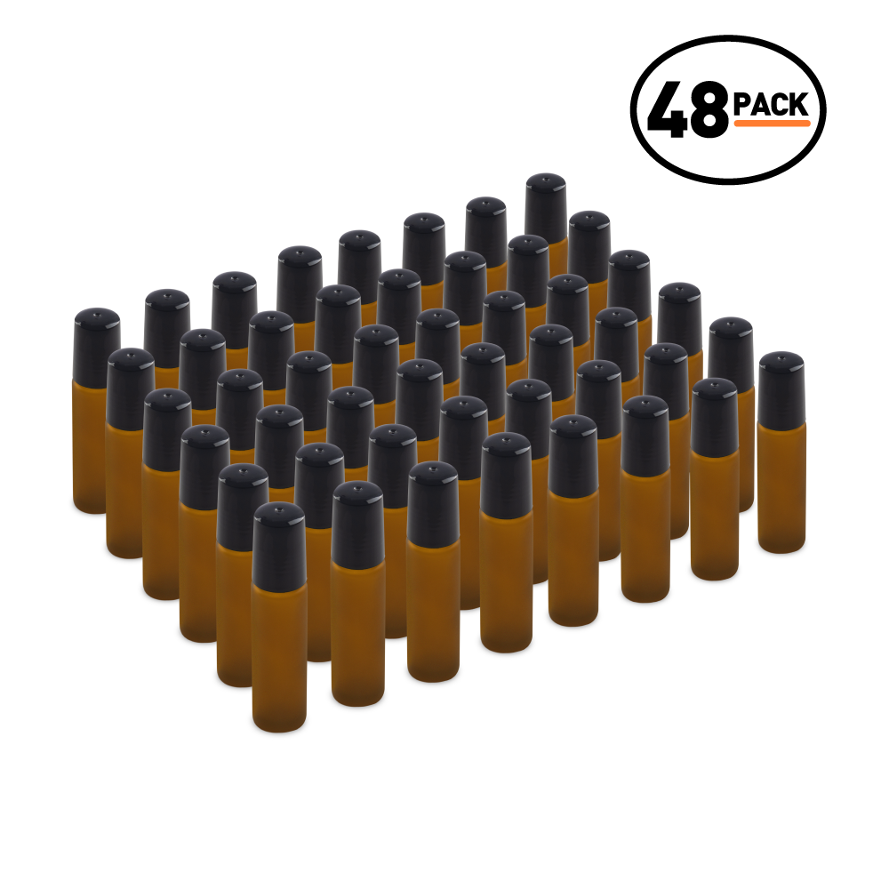 10 ml Amber Frosted Glass Roll On Bottle With SS Ball and Black PP Cap (48 Pack)